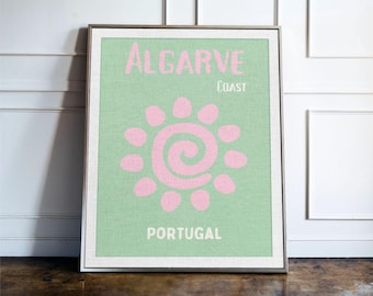 Reisposter Algarve, Portugal, kleurrijke kustmuurkunstprint, stranddecor, vakantiecadeau Portugal