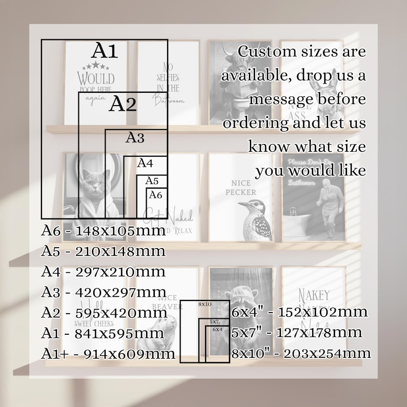 May include: A display of framed art prints in various sizes, including A1, A2, A3, A4, A5, and A6, as well as 6x4, 5x7, and 8x10 inch options. The prints feature humorous bathroom-themed quotes and images.