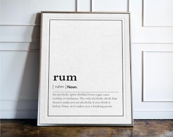 Lámina con la definición de ron, divertido cuadro de ron para pared, decoración de bar pirata, póster de alcohol, lámina para bar en casa, regalo para él, arte tipográfico minimalista