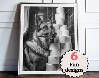 Duitse herder badkamer print, grappige hond badkamer kunst aan de muur, dierentoilet decor, eigenzinnige gast badkamer poster, hondenliefhebber cadeau