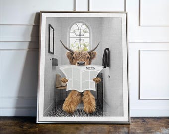 Funny Highland Cow Bathroom Wall Art, Cow Reading Newspaper On Toilet Print, Farm Animal Bathroom Decor, Funny Restroom Wall Art