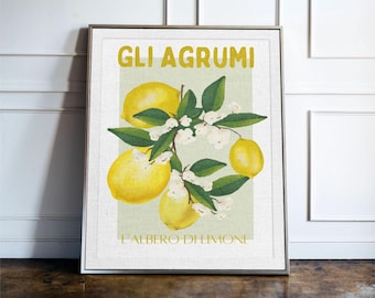 Italian Lemon Wall Art Print, Amalfi Coast Kitchen Decor, Citrus Botanical Poster, Mediterranean Home Art, Gli Agrumi Lemon Print