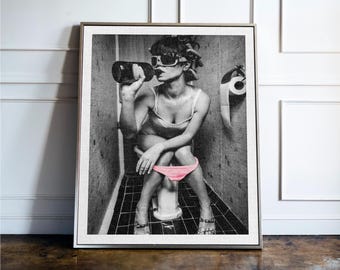 Funny Bathroom Wall Art Girl Drinking On Toilet Print, Pink Black And White Bathroom Decor, Toilet Humour Poster, Girl Drinking In Bathroom