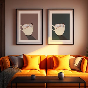 May include: Two framed illustrations of a person relaxing in a cup of coffee. The illustrations are in a living room setting with an orange couch and a coffee table.