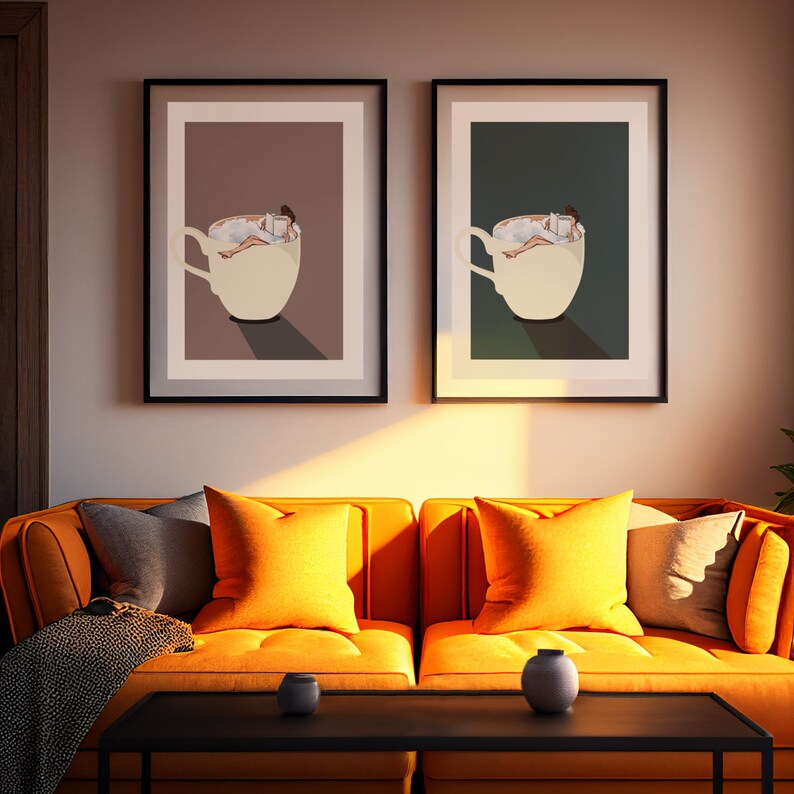 May include: Two framed illustrations of a person relaxing in a cup of coffee. The illustrations are in a living room setting with an orange couch and a coffee table.