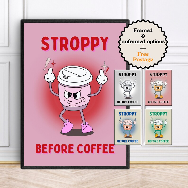 Może przedstawiać: R&oacute;żowy kresk&oacute;wkowy kubek do kawy z ponurym wyrazem twarzy i uniesionymi środkowymi palcami, z tekstem "STROPPY BEFORE COFFEE" w czerwonych literach.