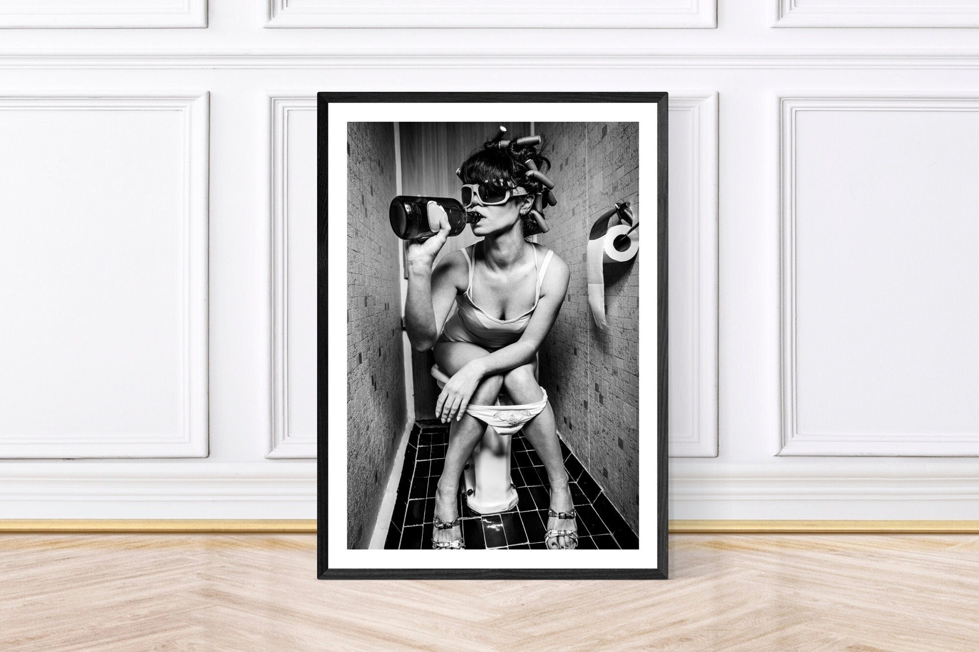 Drinking in the Bathroom, Girl on the Toilet, Black and White Bathroom Prints, Framed Print/Poster or Downloadable Art