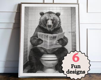 Funny Bear Bathroom Print, Animal Bathroom Wall Art, Bear Toilet Poster, Quirky Bathroom Decor, Guest Bathroom Gift