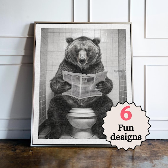 Funny Bear Bathroom Print, Animal Bathroom Wall Art, Bear Toilet Poster, Quirky Bathroom Decor, Guest Bathroom Gift