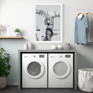 Puede incluir: Una lavander&iacute;a con lavadora y secadora. Una foto en blanco y negro enmarcada cuelga sobre las m&aacute;quinas. La ropa cuelga de una barra y una planta en maceta est&aacute; en la esquina. Una bolsa de lavander&iacute;a blanca est&aacute; en el suelo.