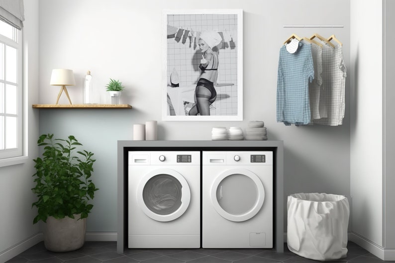 Puede incluir: Una lavander&iacute;a con lavadora y secadora. Una foto en blanco y negro enmarcada cuelga sobre las m&aacute;quinas. La ropa cuelga de una barra y una planta en maceta est&aacute; en la esquina. Una bolsa de lavander&iacute;a blanca est&aacute; en el suelo.
