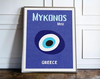Mykonos Greece Evil Eye Poster, Blue Minimal Wall Art, Greek Island Decor, Modern Travel Print, Coastal Gift Idea