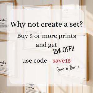May include: A collection of framed prints with definitions of alcoholic beverages, including "whisky," "wine," and "beer." The image includes text that reads "Why not create a set? Buy 3 or more prints and get 15% OFF!!"
