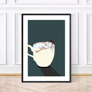 May include: A woman relaxes in a large white coffee cup filled with white foam, reading a book. The cup is on a dark green background.