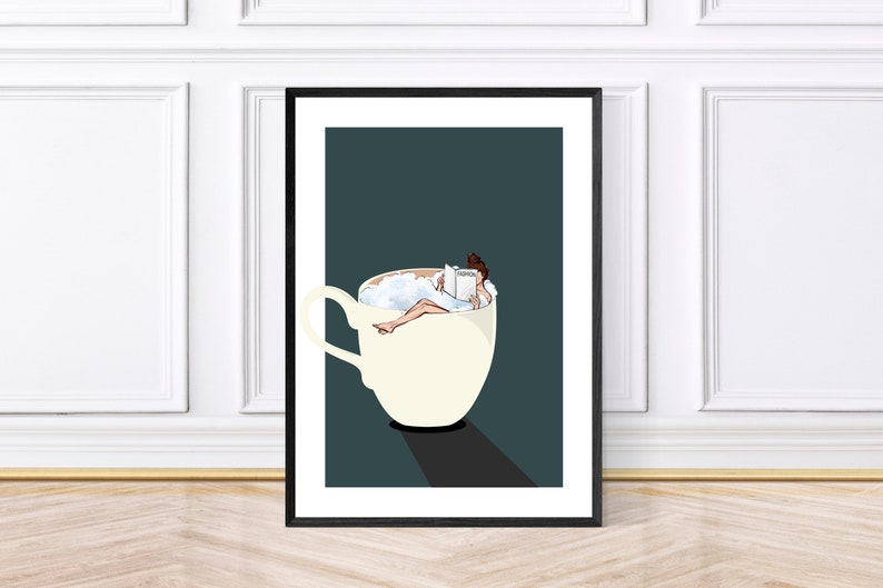 May include: A woman relaxes in a large white coffee cup filled with white foam, reading a book. The cup is on a dark green background.