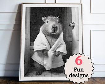 Funny Capybara Bathroom Print, Black and White Bathroom Wall Art, Capybara Toilet Decor, Farmhouse Bathroom Decor, Quirky Housewarming Gift