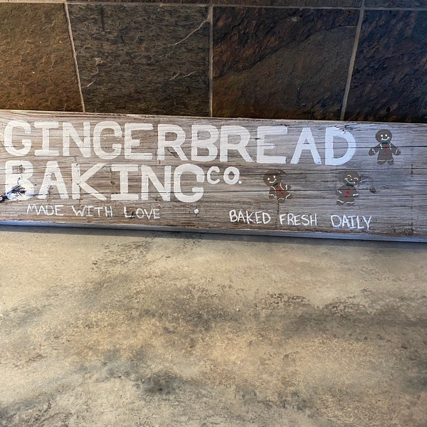 Gingerbread Baking CO - Holiday Sign - White Washed Wood - Reclaimed Distressed Barn Wood