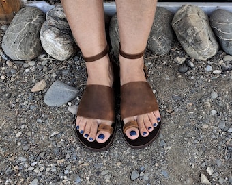 Handmade Greek Leather Sandals, Waxed Brown Skin, Women Summer Shoes