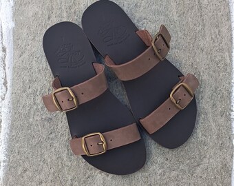 Handmade Greek Leather Sandals, Brown Suede Buckle Sandals, Women Classic Shoes