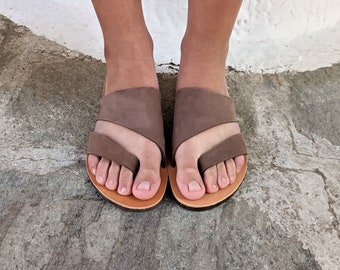 Griekse leren sandalen, bruine suède zomerslippers, handgemaakte schoenen, NORMA
