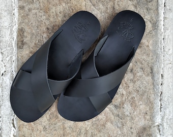 Handmade Greek Leather Men's Sandals, Black Summer Shoes, CENTAURUS