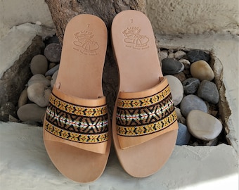 Handmade Greek Leather Sandals, Ethnic Slides, CARINA BOHO