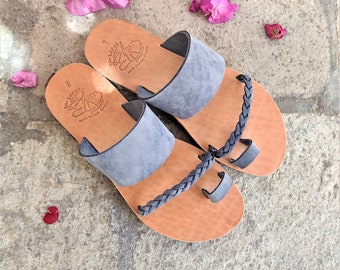 Greek leather sandals, Women sandals, Summer shoes, Handmade sandals, Genuine leather sandals, Customade sandals, Light blue, Brown suede