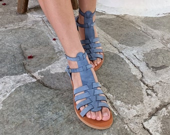 Greek leather sandals, Women sandals, Summer shoes, Handmade sandals, Genuine leather sandals, Customade sandals, Light blue, GLADIATOR 4