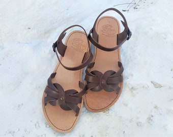 Handmade Greek Leather Sandals, Women's Summer Shoes, Customade, Brown Slides, SATURN