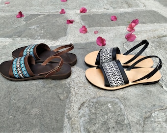Handmade Greek Leather Sandals, Ethnic Boho Slides, CARINA BOHO 2