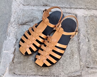 Sandalias gladiadoras de cuero griego hechas a mano, color tostado natural, GLADIATOR MEN