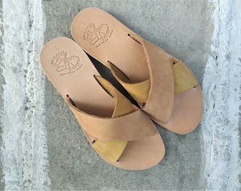 Handmade Greek Leather Sandals, Beige & Yellow Suede, Summer shoes, LIBRA