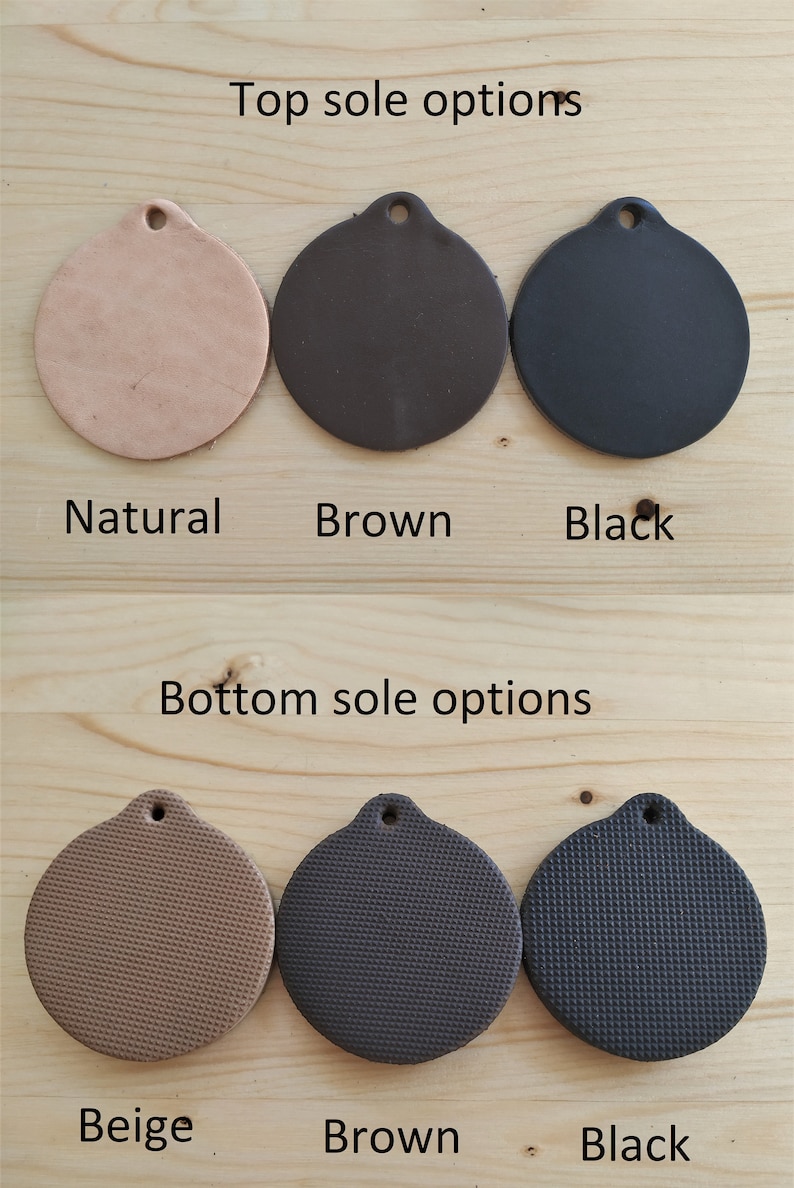 May include: Image showing top and bottom sole options. Top options are natural, brown, and black. Bottom options are beige, brown, and black. Each sole is round with a hole at the top. Text labels each color.