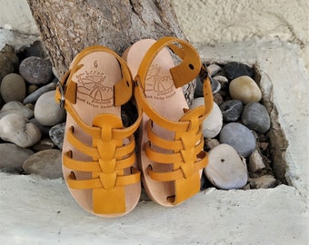 Greek leather sandals, Kids sandals, Summer shoes, Handmade sandals, Customade sandals, Yellow, Red gladiators, GLADIATOR 2 KIDS