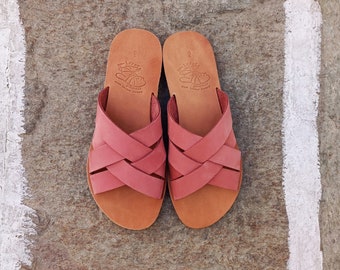 Sandalias de cuero griego, Sandalias de mujer, Zapatos de verano, Sandalias hechas a mano, Cuero genuino, Diapositivas, Sandalias personalizadas, Ante rosa, Sandalia antigua