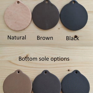 May include: Top sole options: natural, brown, black. Bottom sole options: beige, brown, black. Leather and rubber soles for footwear.