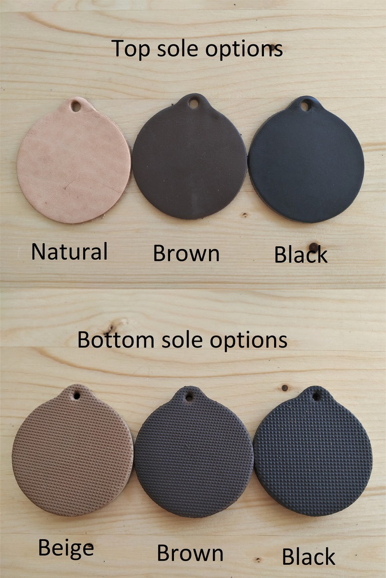 May include: Top sole options: natural, brown, black. Bottom sole options: beige, brown, black. Leather and rubber soles for footwear.