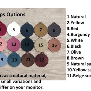May include: A chart showing 22 different leather strap colours and textures. The colours include natural, yellow, red, burgundy, white, black, olive, brown, pink suede, purple suede, black suede, green suede, brown suede, Tampa suede, ciel suede, light blue suede, dark blue suede, wax brown 1, and wax brown 2. The text "Straps Options" is at the top of the chart. The text "*NOTE: Leather, as a natural material, may present small variations and colours may differ on your monitor." is at the bottom of the chart.