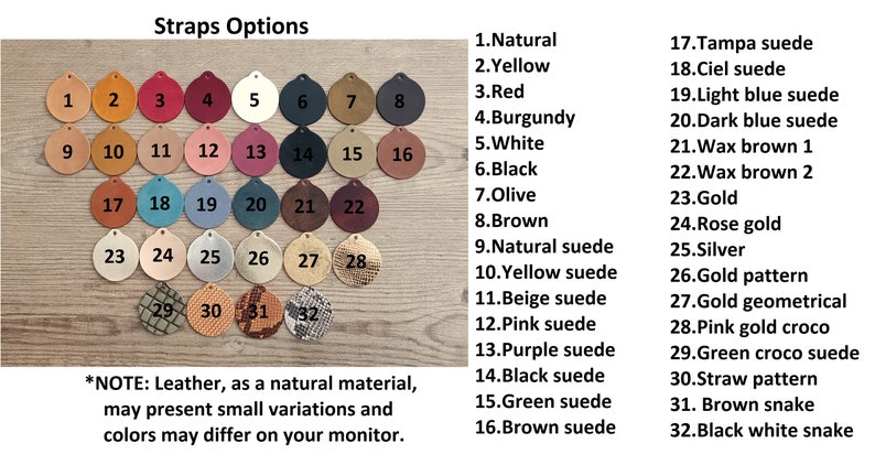 K&ouml;nnte beinhalten: Eine Tabelle mit 32 verschiedenen Lederriemenoptionen f&uuml;r eine Tasche oder ein anderes Accessoire. Die Optionen umfassen verschiedene Farben, Texturen und Muster, wie z. B. Natur, Gelb, Rot, Burgunder, Wei&szlig;, Schwarz, Oliv, Braun, Naturleder, Gelbleder, Beigelesder, Rosa Leder, Lila Leder, Schwarzes Leder, Gr&uuml;nes Leder, Braunes Leder, Tampa Leder, Himmelblaues Leder, Hellblaues Leder, Dunkelblaues Leder, Wachsbraun 1, Wachsbraun 2, Gold, Ros&eacute;gold, Silber, Goldmuster, Goldgeometrisch, Rosa Gold Croco, Gr&uuml;nes Croco Leder, Strohmuster, Braune Schlange und Schwarz-Wei&szlig; Schlange.