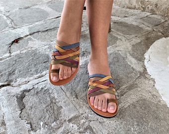 Handmade Greek Leather Sandals, Multicolor Woven Straps, Strappy Sleepers, JUPITER