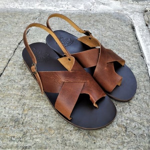Greek leather sandals, Men sandals, Summer shoes, Handmade sandals, Genuine leather sandals, Customade sandals, Wax brown, Slides, OPHIUCHUS