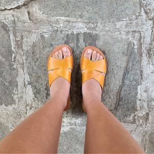 Greek leather sandals, Women sandals, Summer shoes, Handmade sandals, Customade sandals, Slides, Yellow, Red, Wax brown, GEMINI