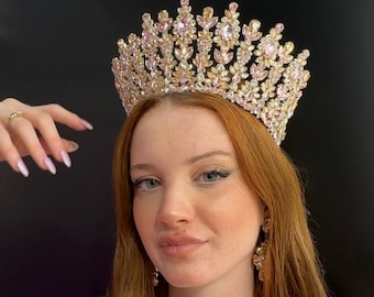 Quinceanera Crown with Necklace and Earrings,  Bridal Tiara,Pink Quince Crown, Bridesmaid Headband, Quinceanera Tiara,Gold Pink Crown,