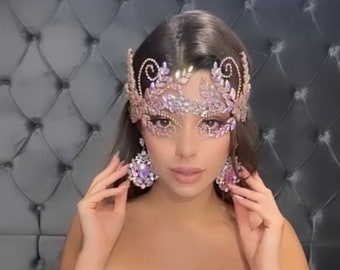 Rhinestone Rose Gold Masquerade Mask, Wedding Mask,Red Head Accessory and Earring,Quinceanera Headband and Earring,Rose Gold CZ Bridal Tiara