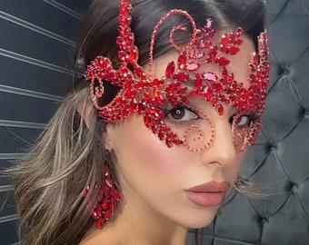 Strass rood maskerademasker, bruiloftsmasker, rood hoofdaccessoire en rode oorbel, Quinceanera hoofdband en oorbel, roségouden CZ bruidstiara