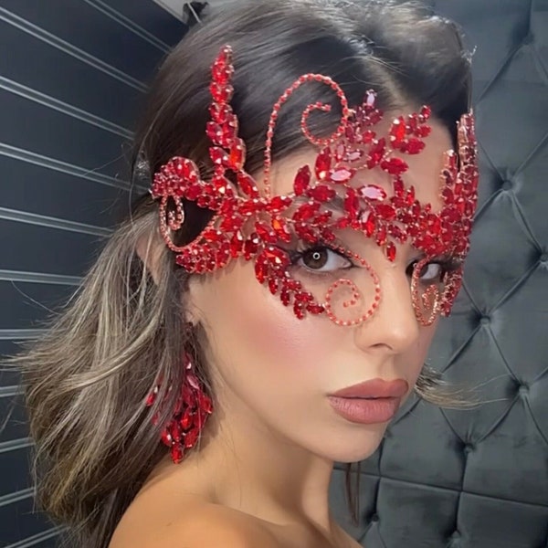 Rhinestone Red Masquerade Mask, Wedding Mask, Red Head Accessory and Red Earring, Quinceanera Headband and Earring,Rose Gold CZ Bridal Tiara