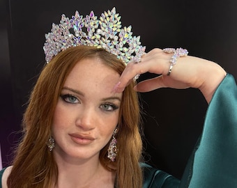 Set di orecchini e corona da sposa in cristallo AB fatti a mano