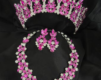 Fuchia kroon en ketting set voor quinceanera, feestkroon, festivalkroon, sweet 16 tiara, prinsestiara