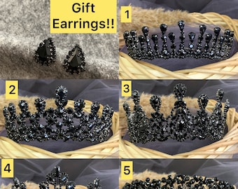 Couronne noire pour fiançailles, diadème pour mariée, coiffes noires, cadeau d'anniversaire pour fille, diadème de fiançailles, diadème de célibataire, couronnes de cristal