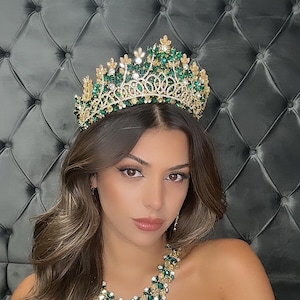 Handmade Green Crystal Bridal Tiara: Gold Wedding Quinceanera Crown